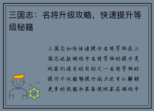 三国志：名将升级攻略，快速提升等级秘籍